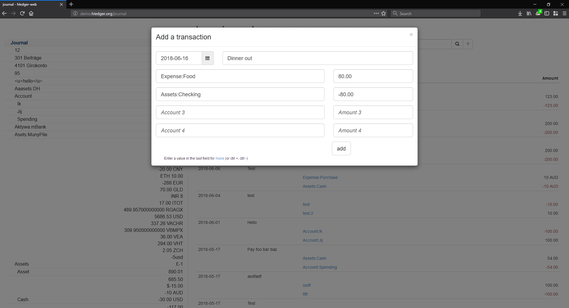 Hledger Web screenshot